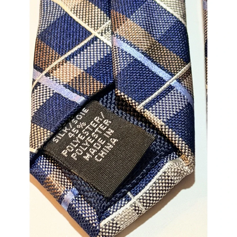 Michael Kors Necktie Navy Blue‎ Tan Plaid Silk Blend Classic Business Tie